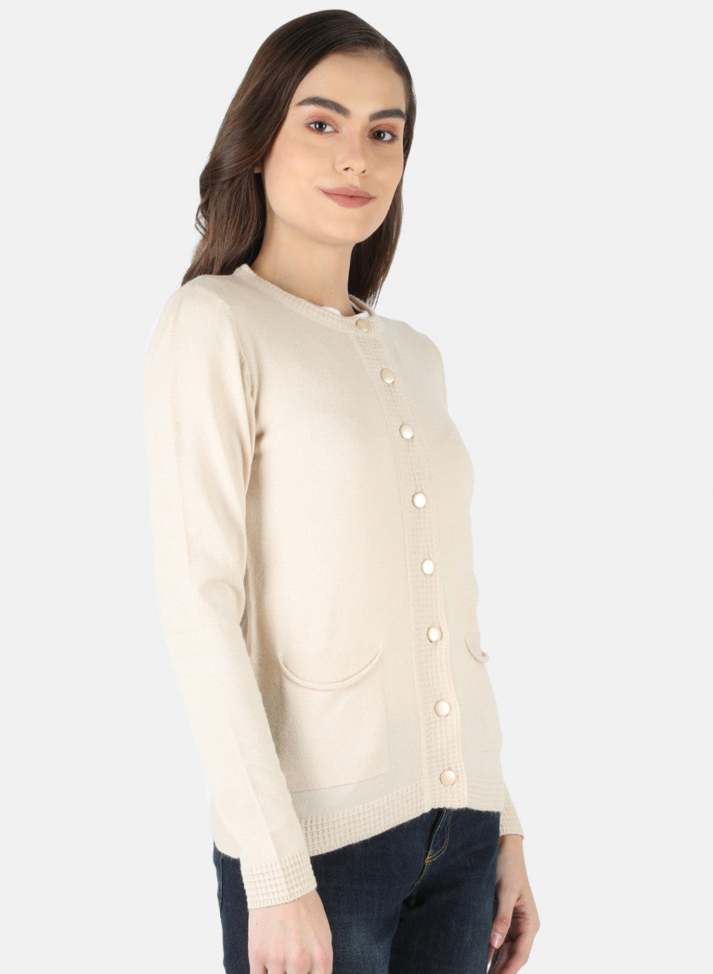 Women Beige Self Design Cardigan