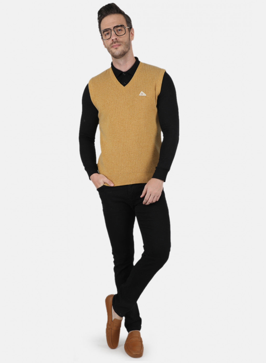 Men Mustard Solid Sweater