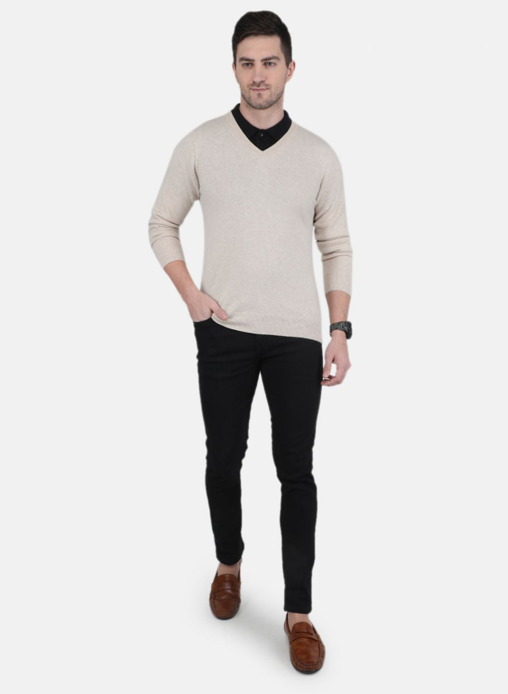 Men Beige Solid Pullover