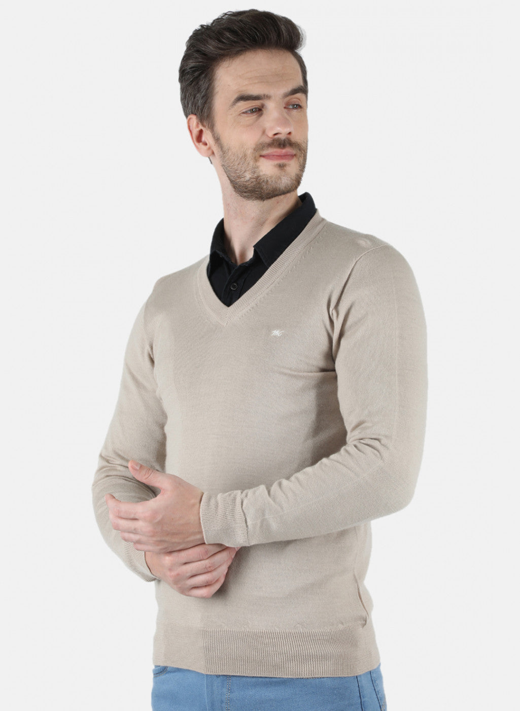 Men Beige Solid Pullover