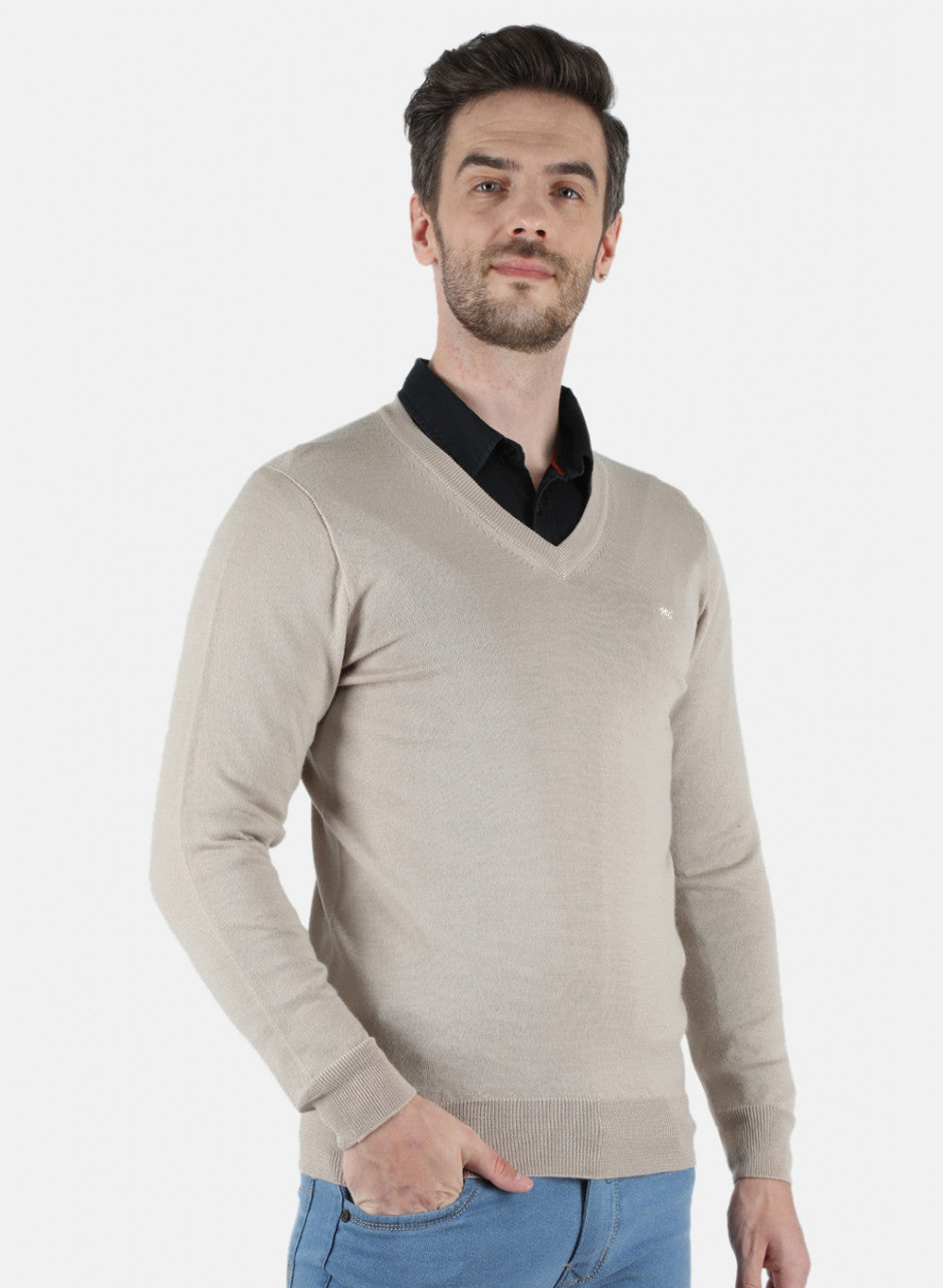 Men Beige Solid Pullover