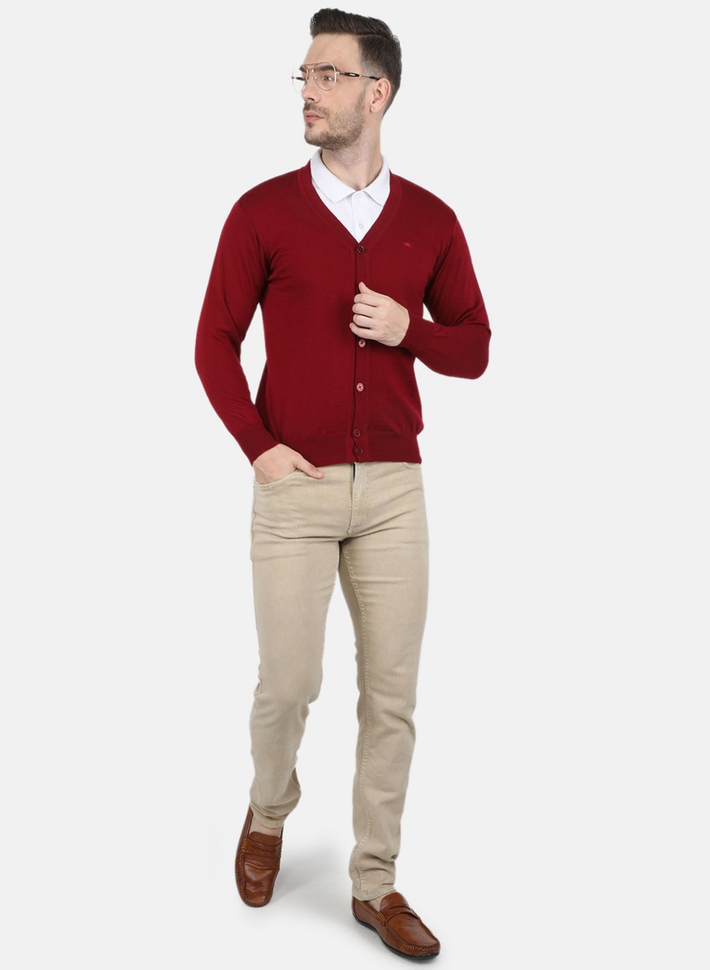 Men Maroon Solid Cardigan