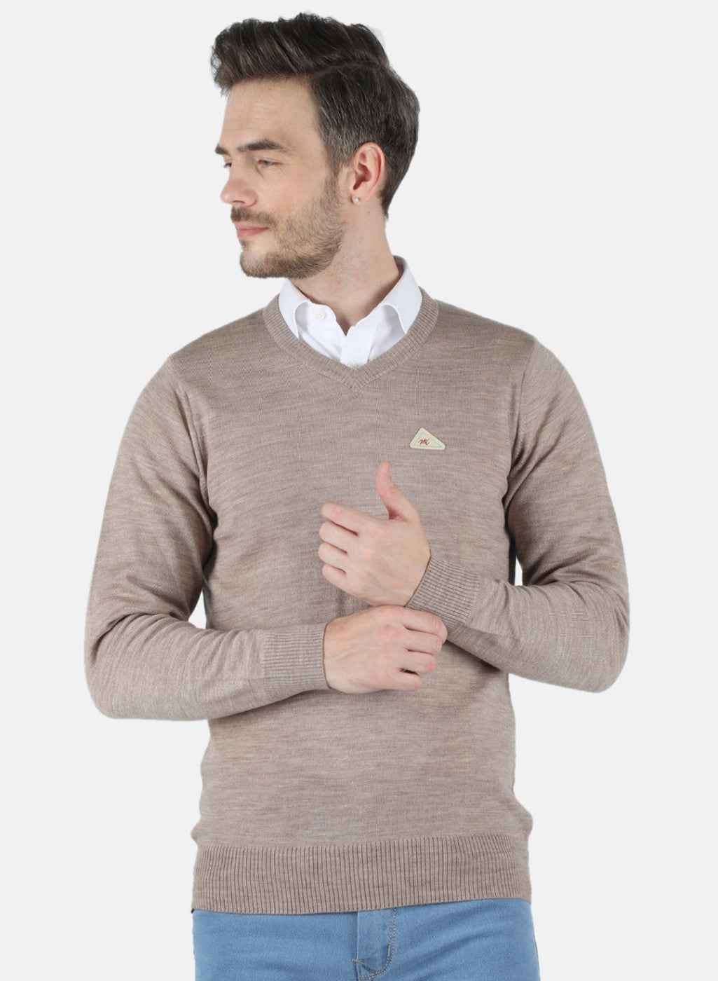 Men Beige Solid Pullover