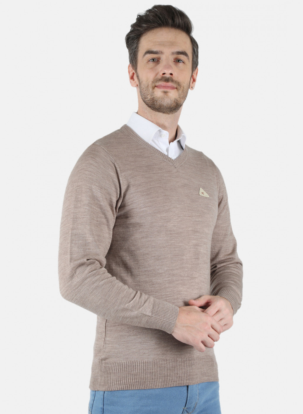 Men Beige Solid Pullover