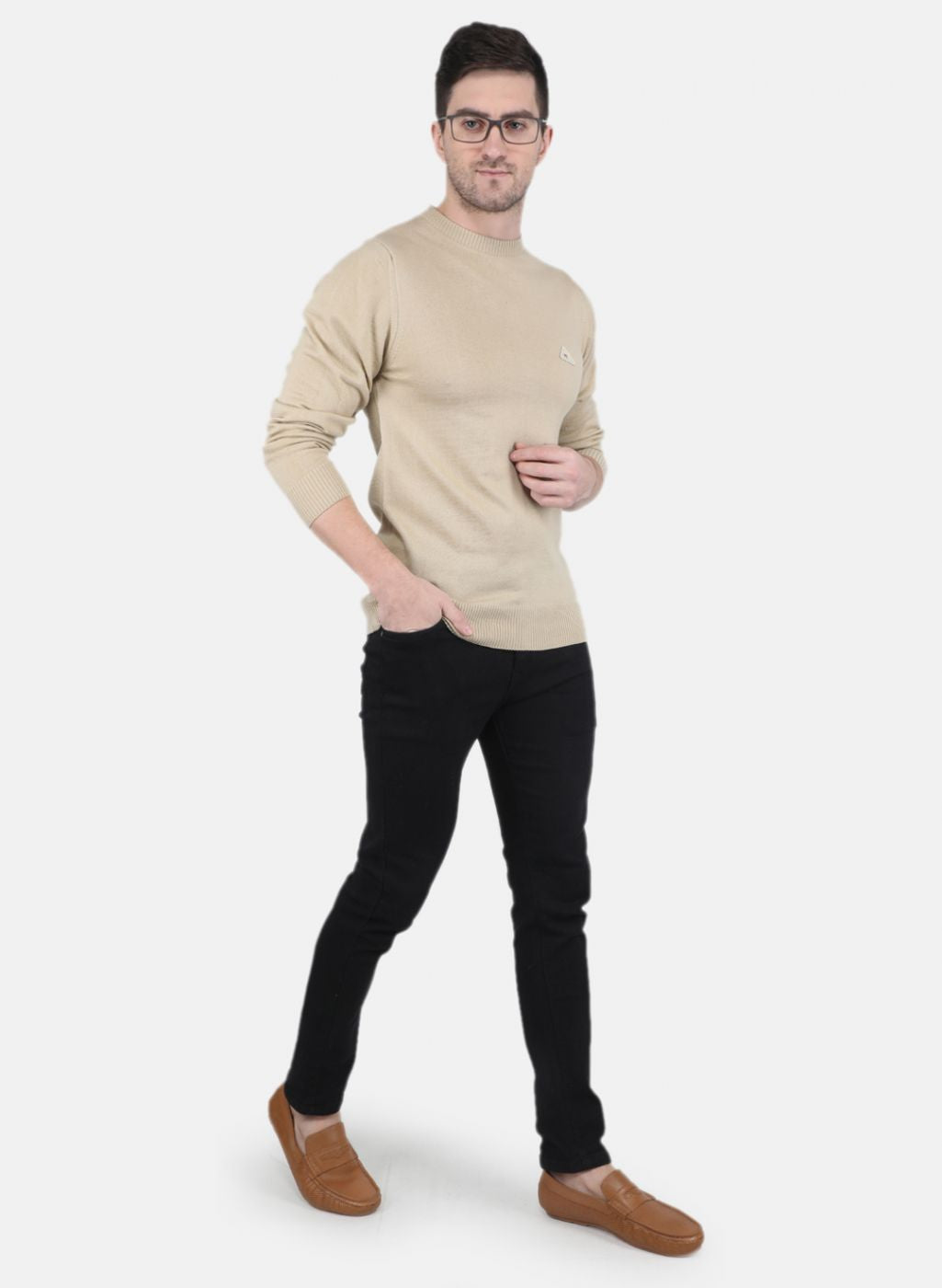 Men Beige Solid Pullover