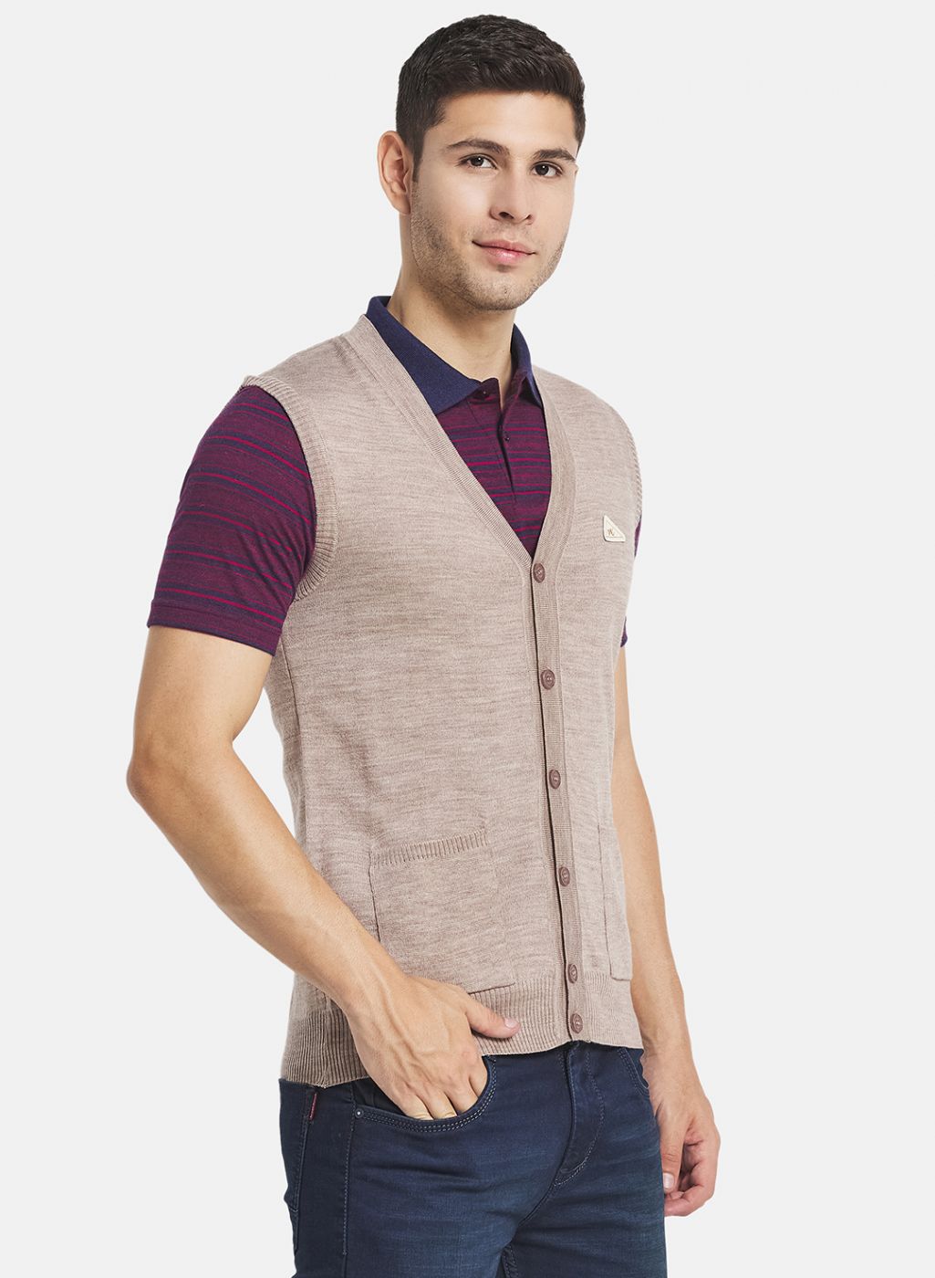 Men Beige Solid Cardigan
