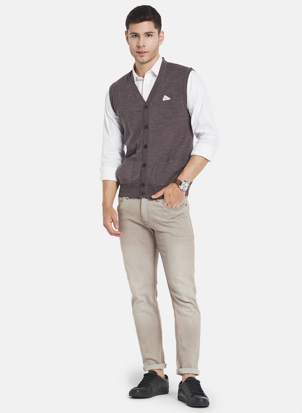 Men Beige Solid Cardigan