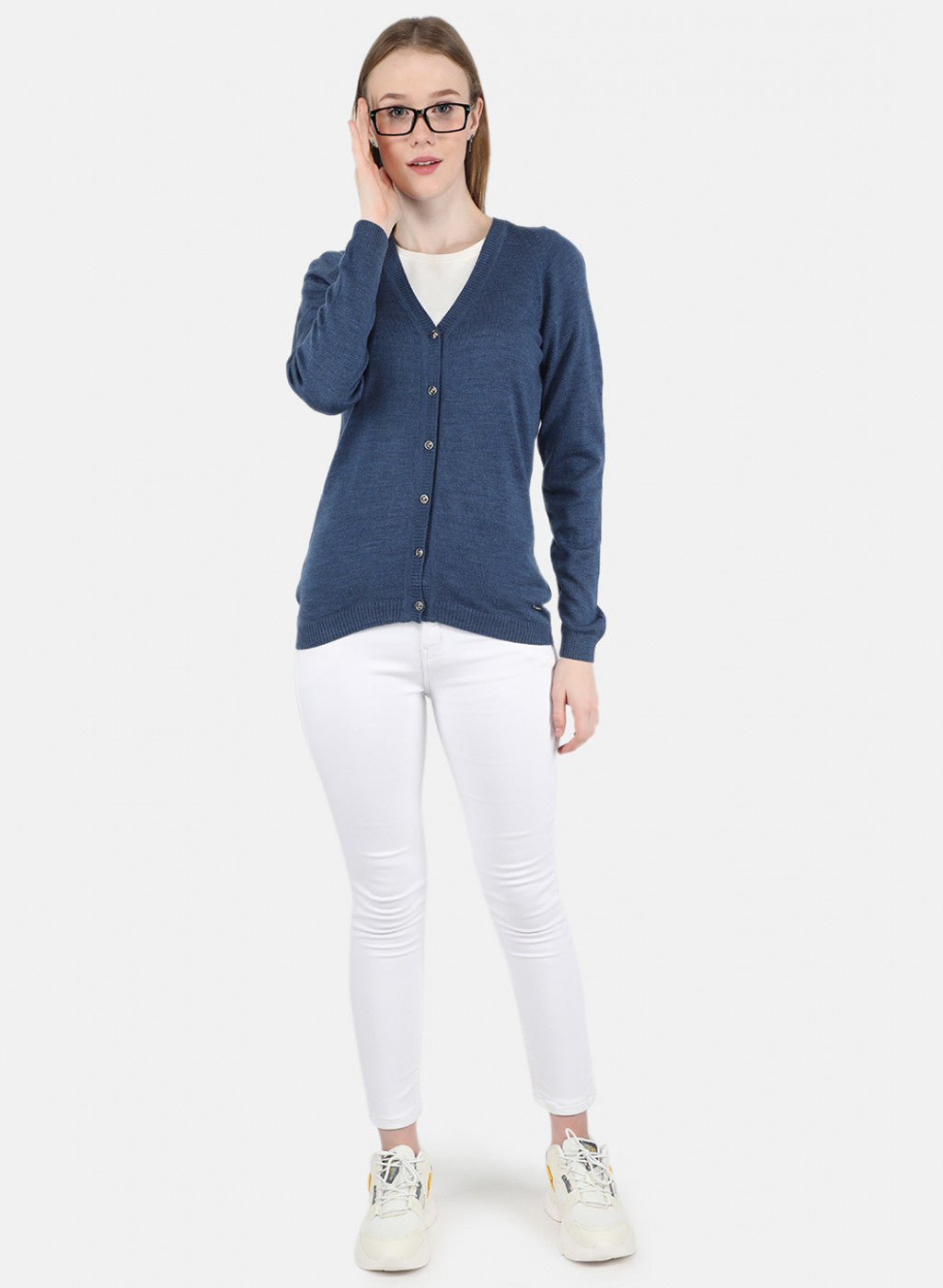 Women Blue Solid Cardigan
