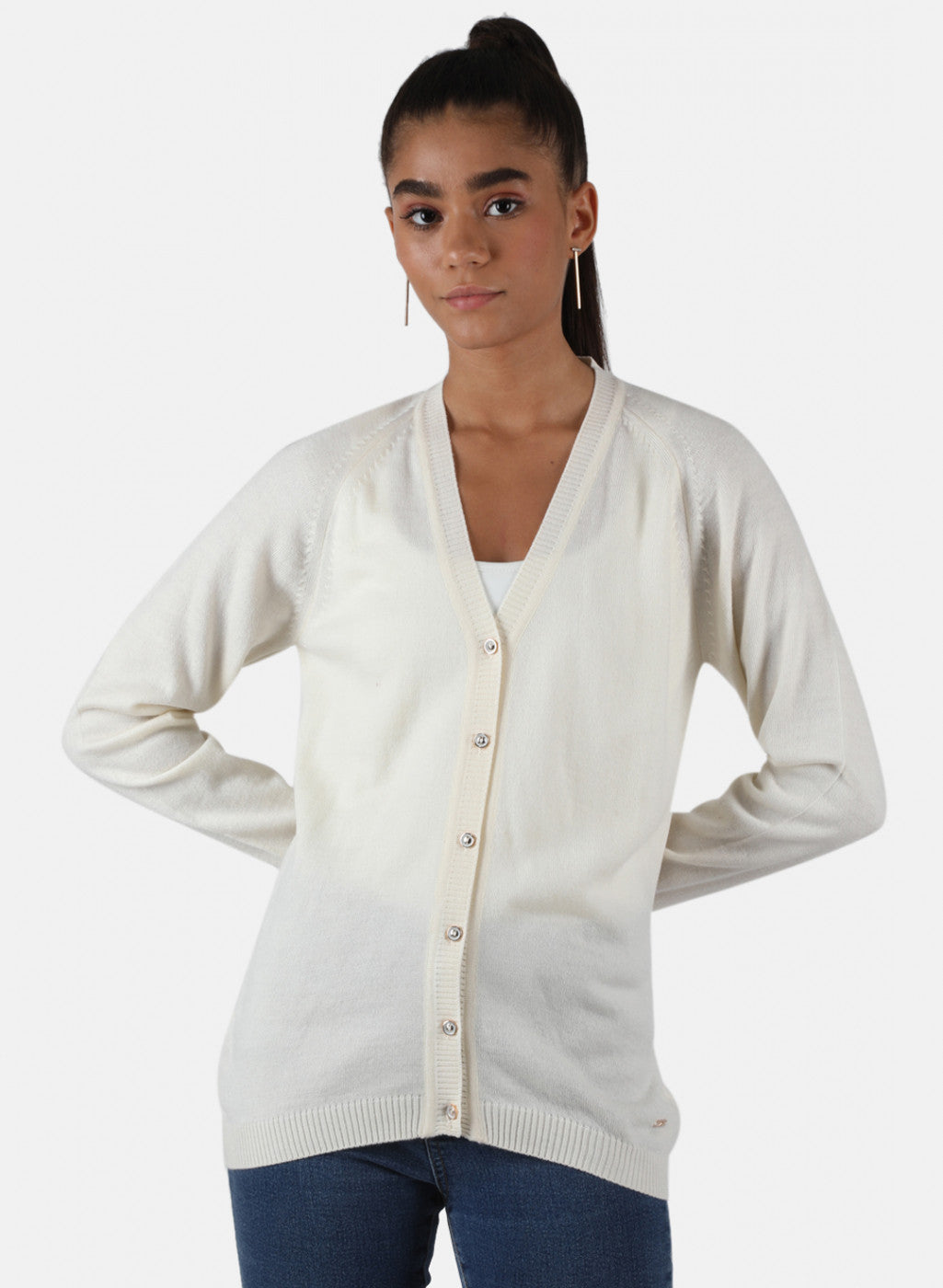 Women Off White Solid Cardigan