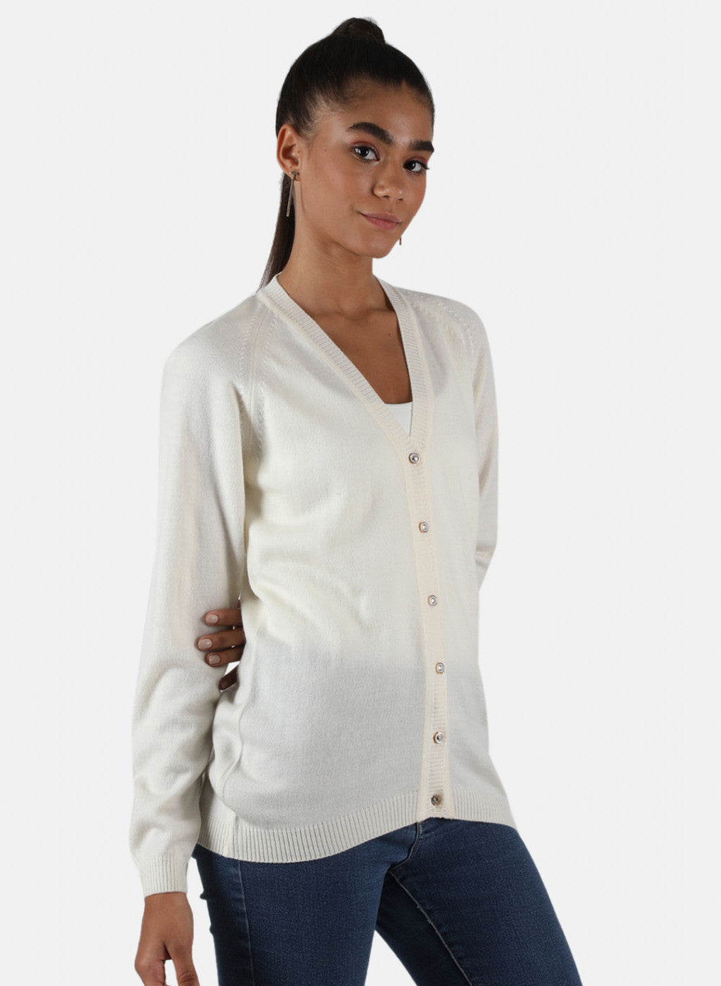Women Off White Solid Cardigan