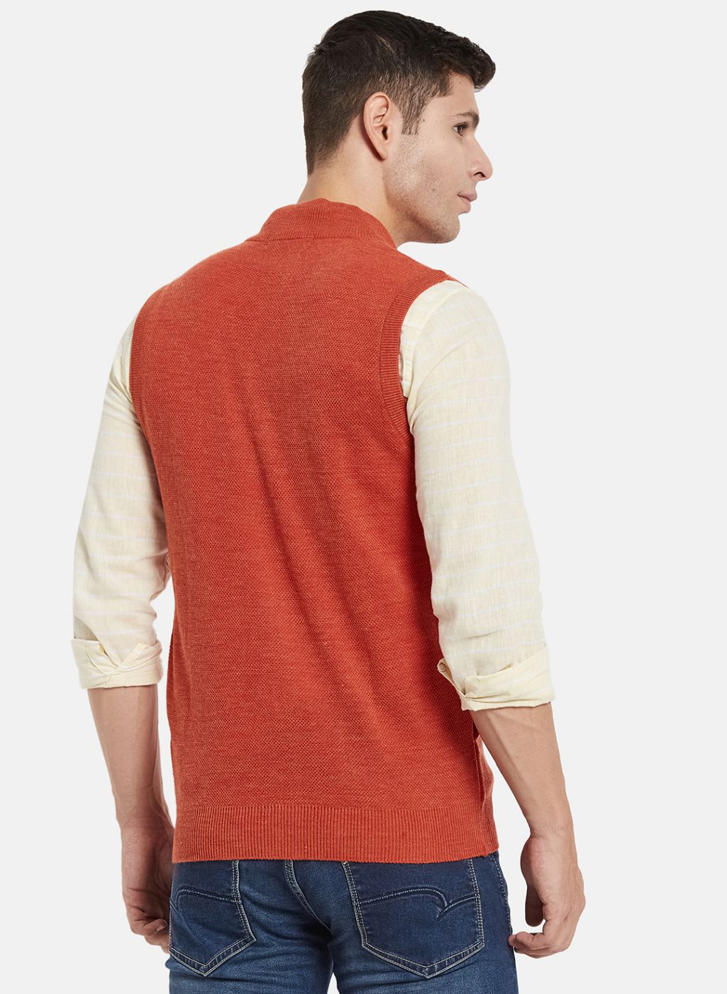 Men Orange Self Design Sweater
