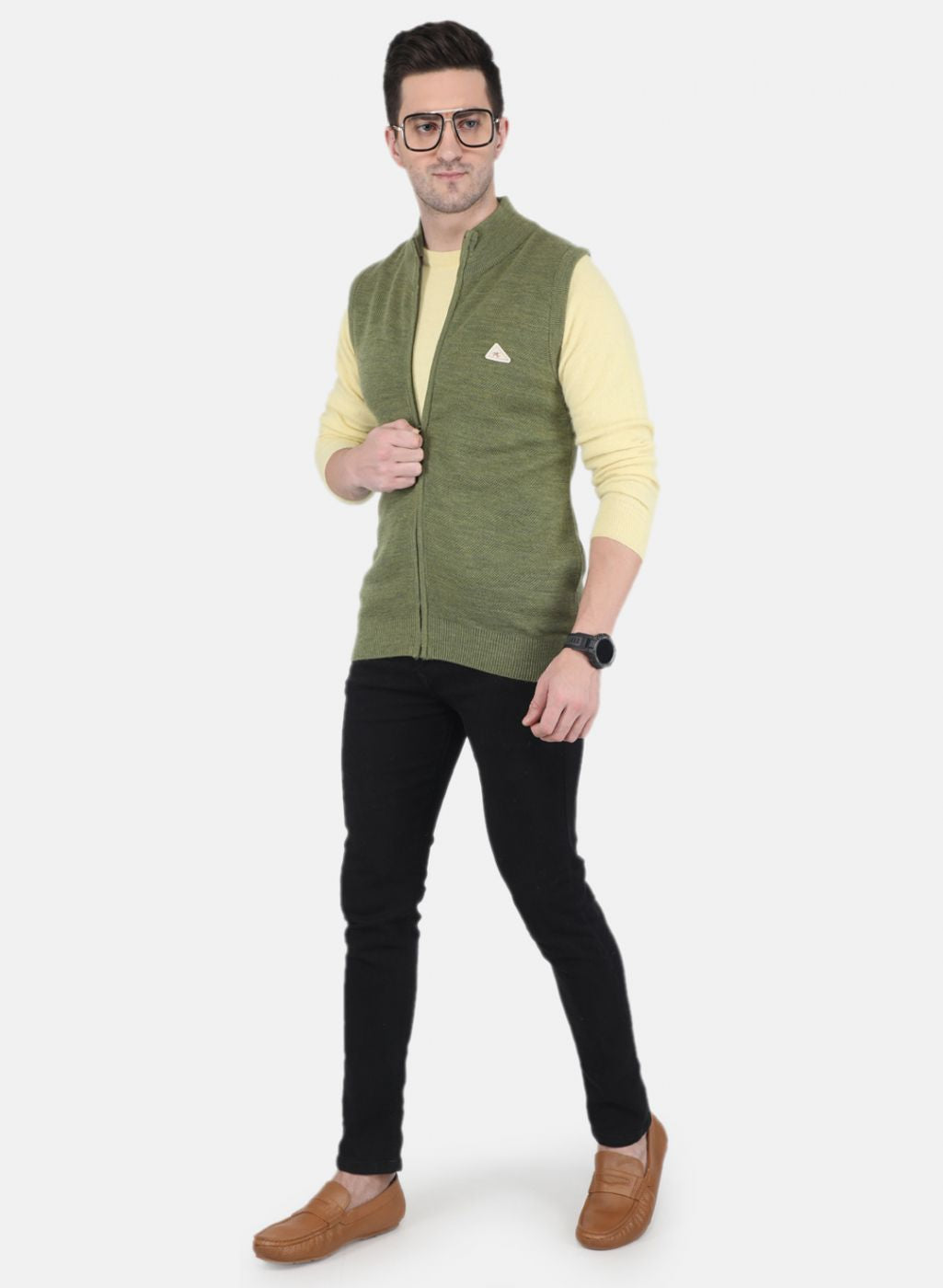 Men Olive Self design Sweater