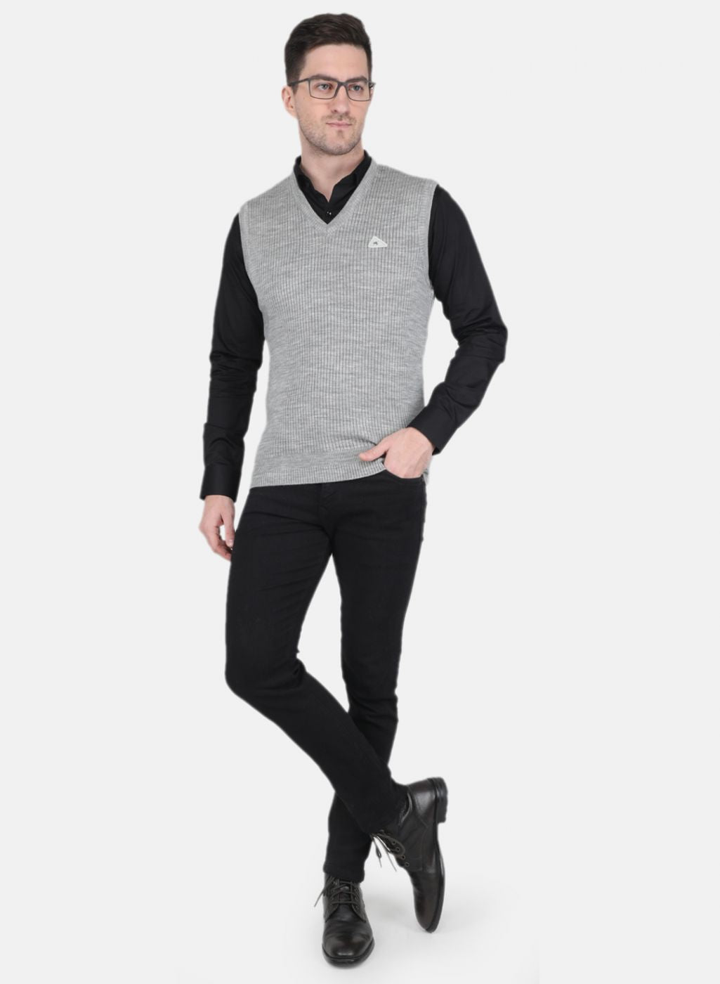 Men Grey Self Design Sweater