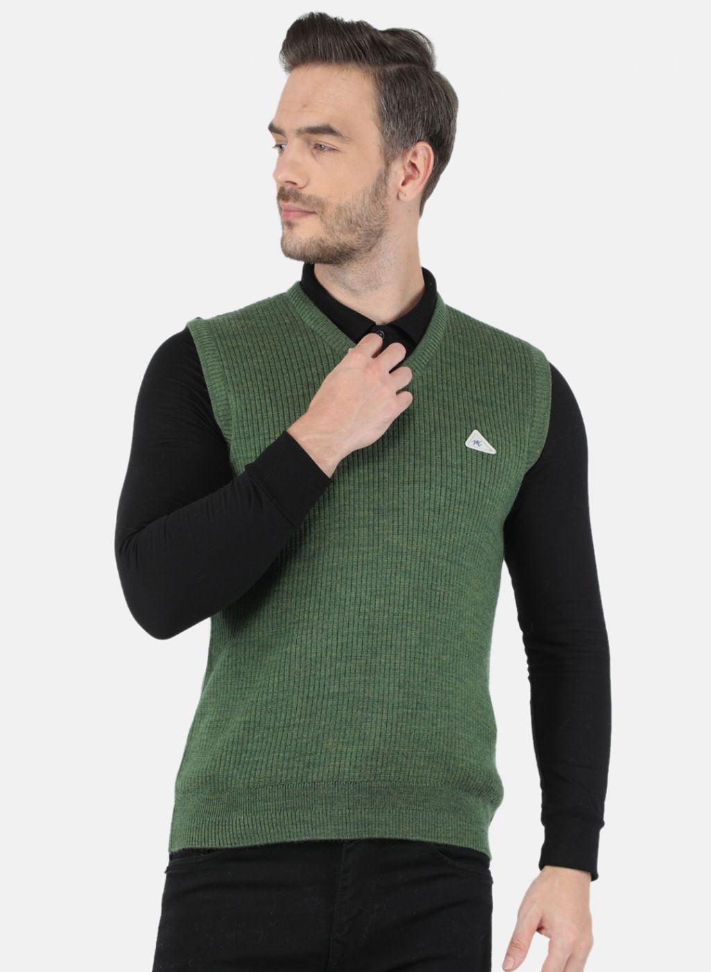 Men Olive Self Design Sweater