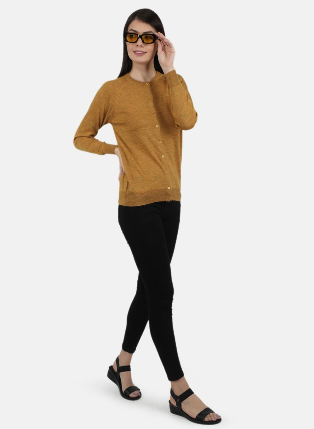 Women Gold Solid Cardigan