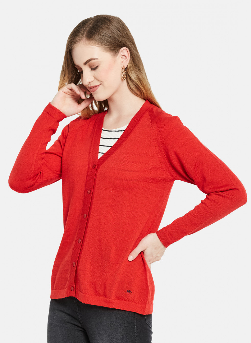 Women Red Solid Cardigan