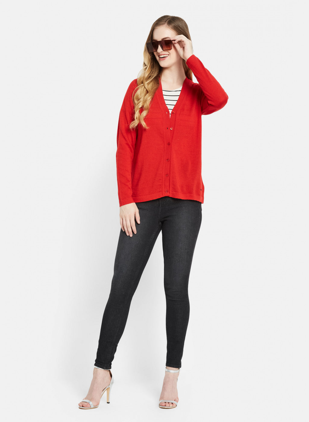 Women Red Solid Cardigan