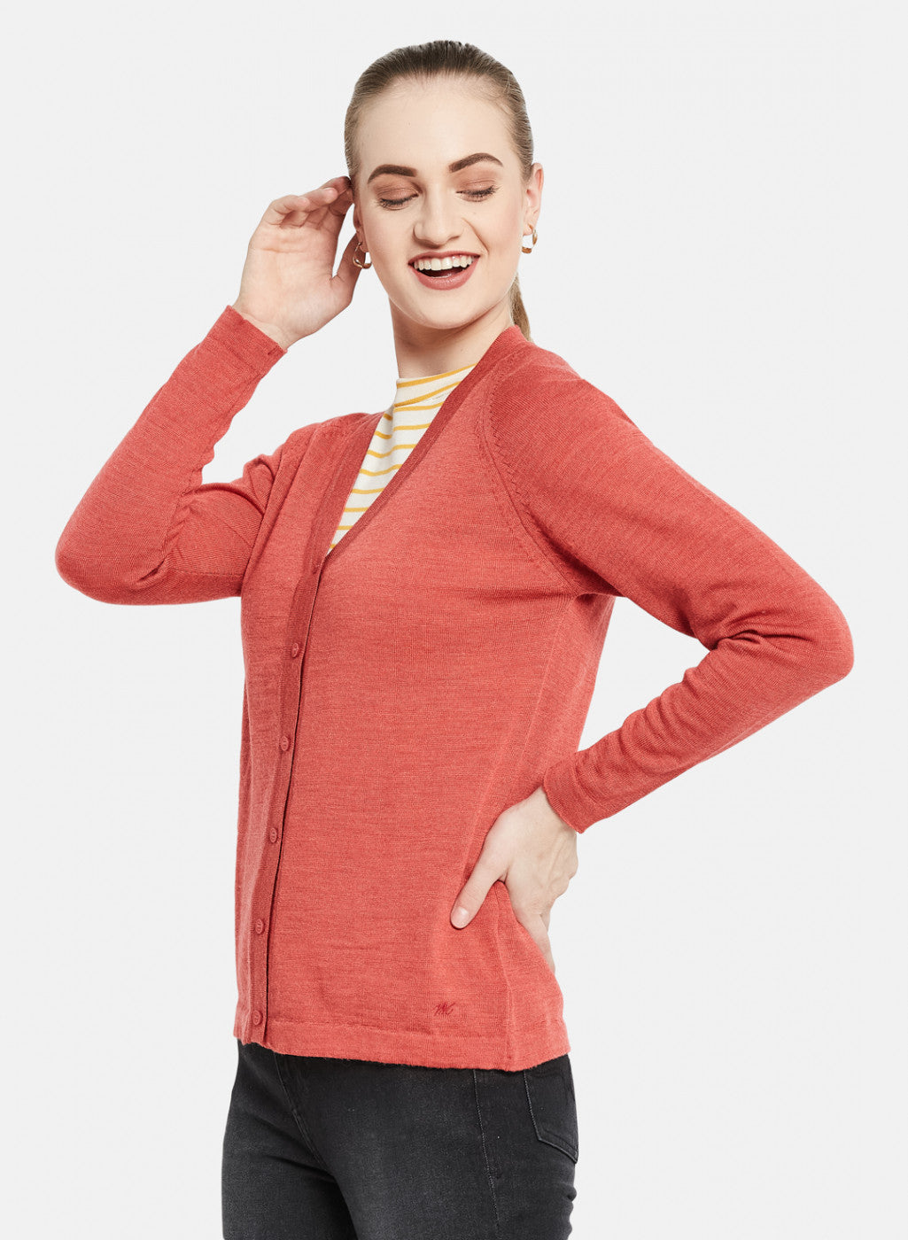 Women Light Red Solid Cardigan
