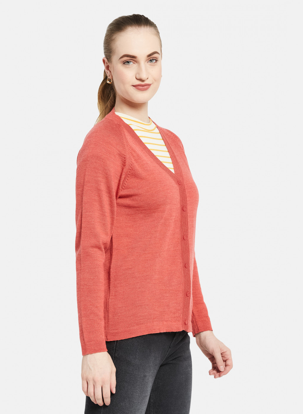Women Light Red Solid Cardigan