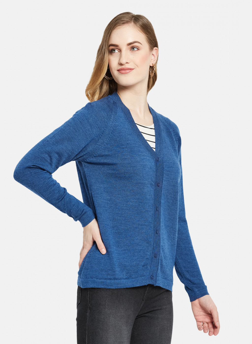 Women Blue Solid Cardigan