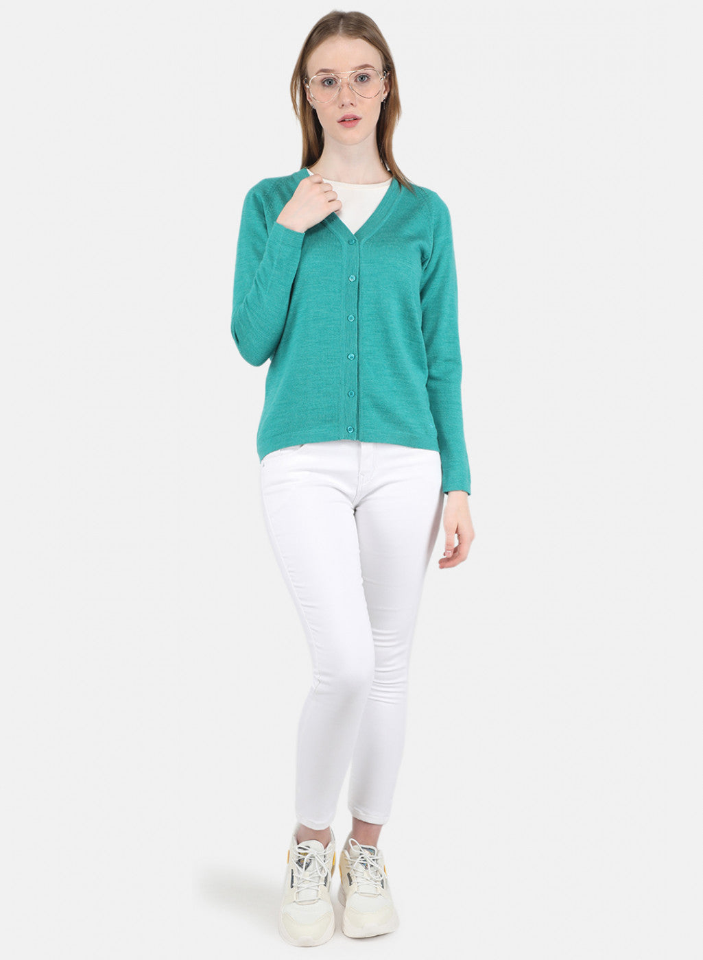 Women Aqua Green Solid Cardigan