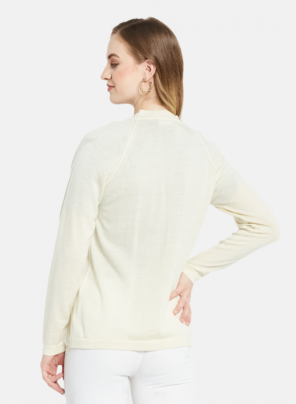 Women Off White Solid Cardigan