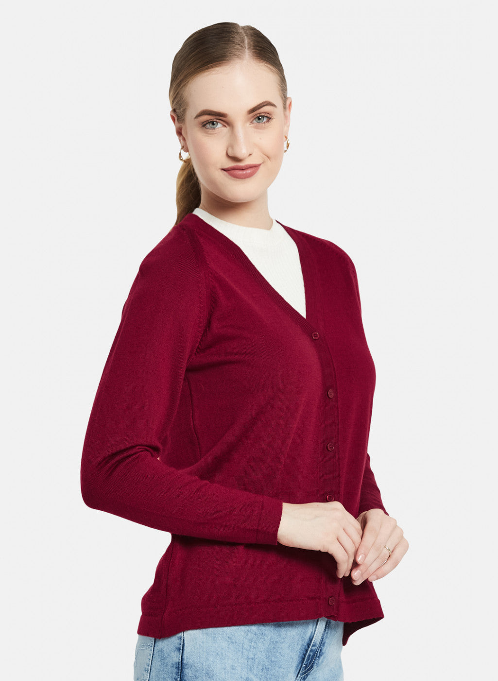Women Maroon Solid Cardigan