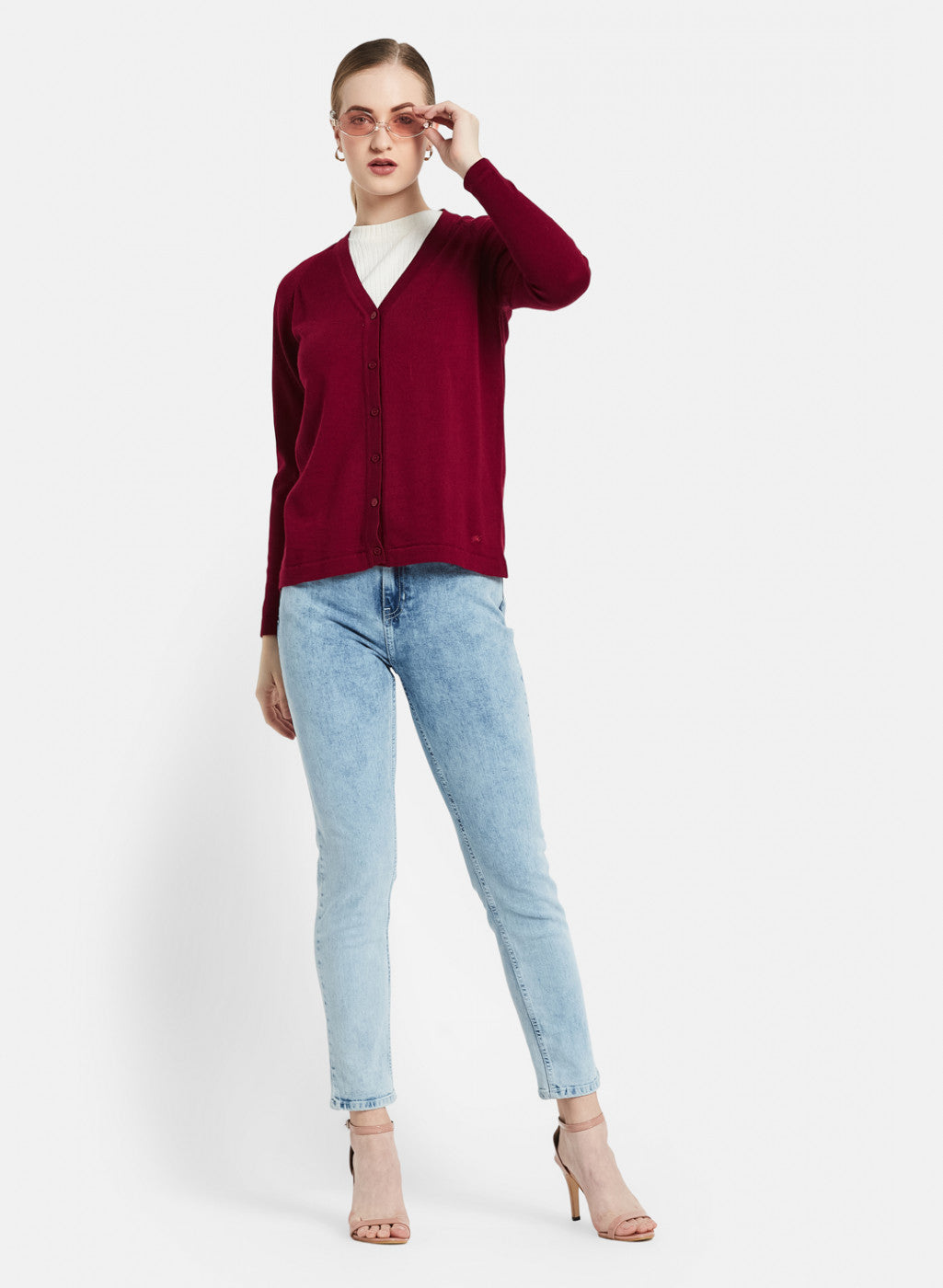 Women Maroon Solid Cardigan