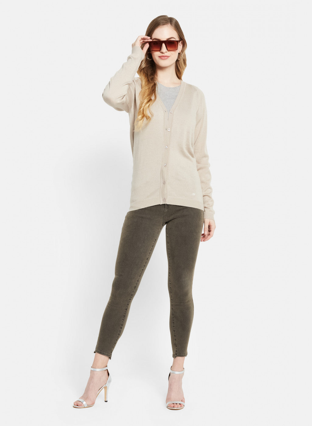 Women Beige Solid Cardigan