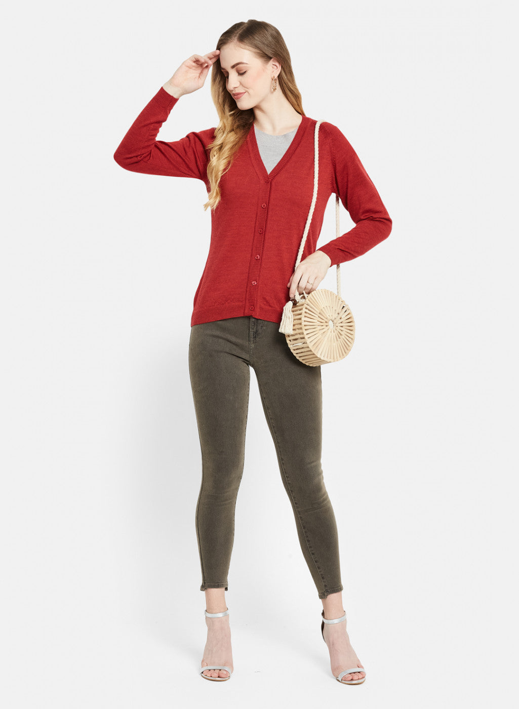 Women Red Solid Cardigan