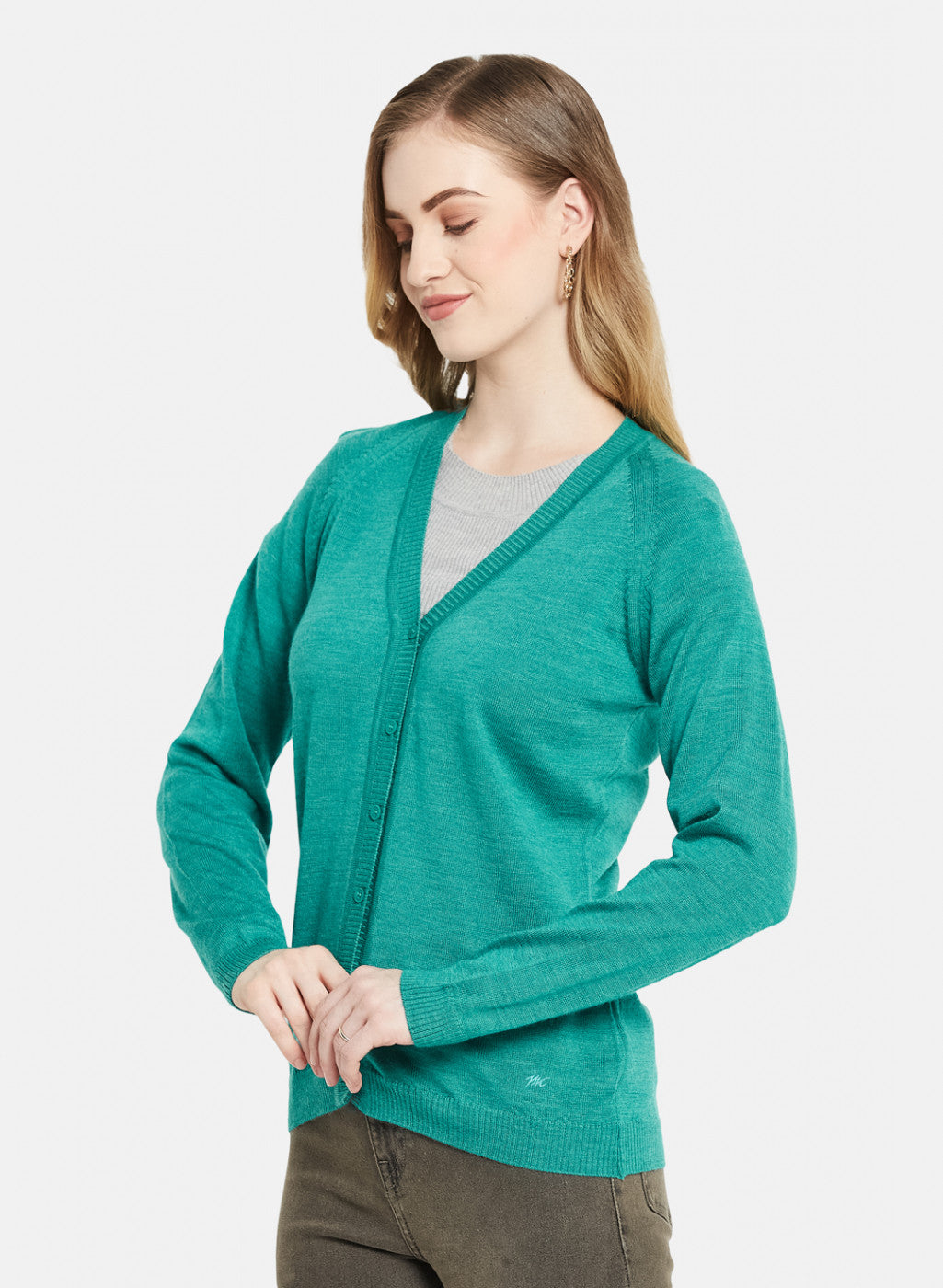 Women Aqua Green Solid Cardigan
