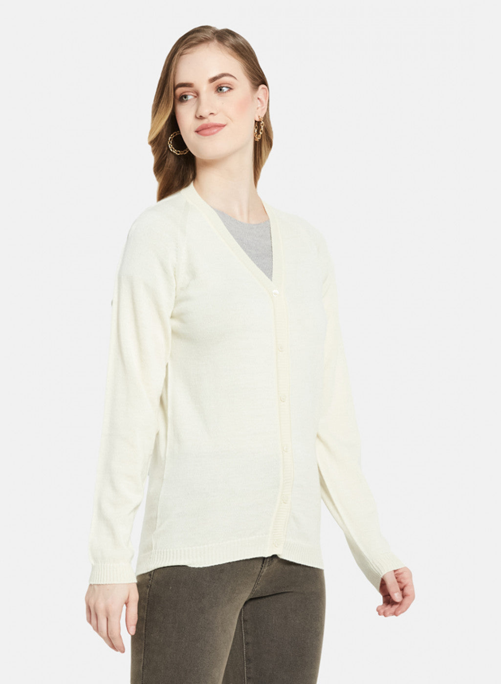 Women Off White Solid Cardigan