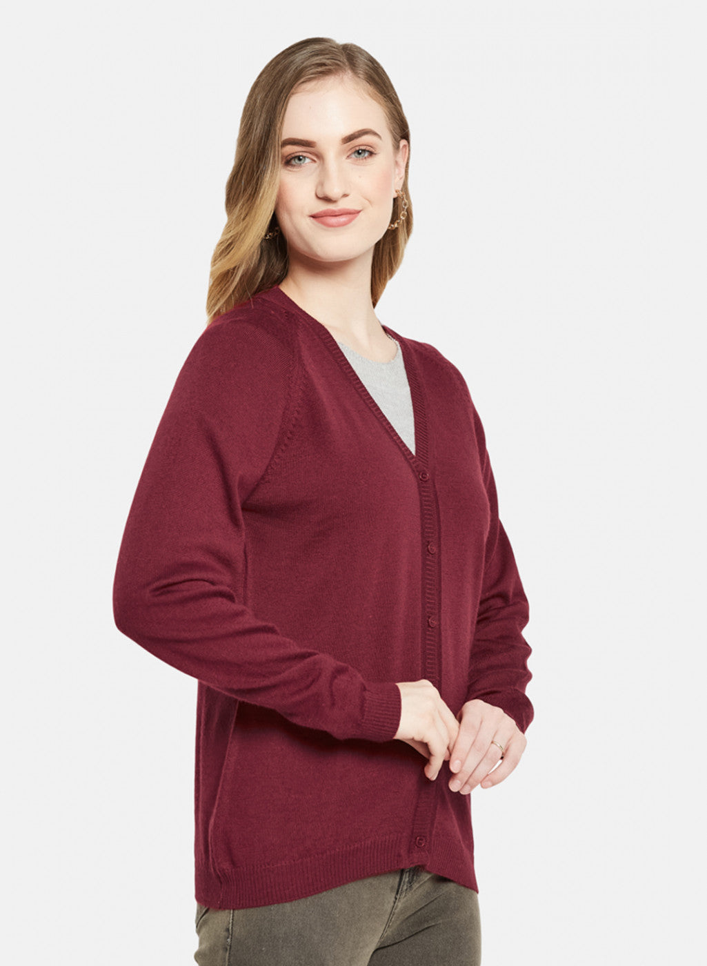 Women Maroon Solid Cardigan