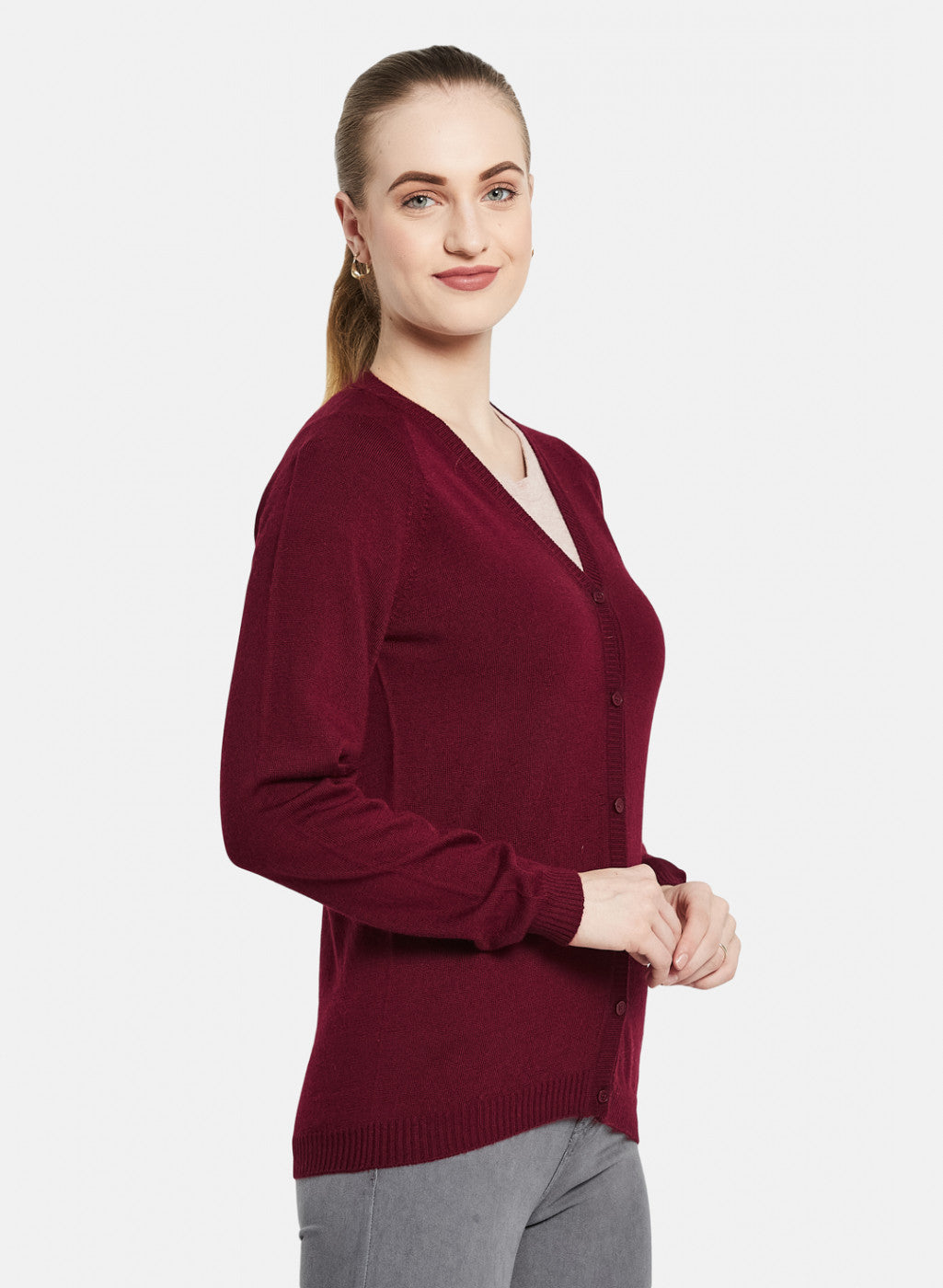 Women Dark Maroon Solid Cardigan
