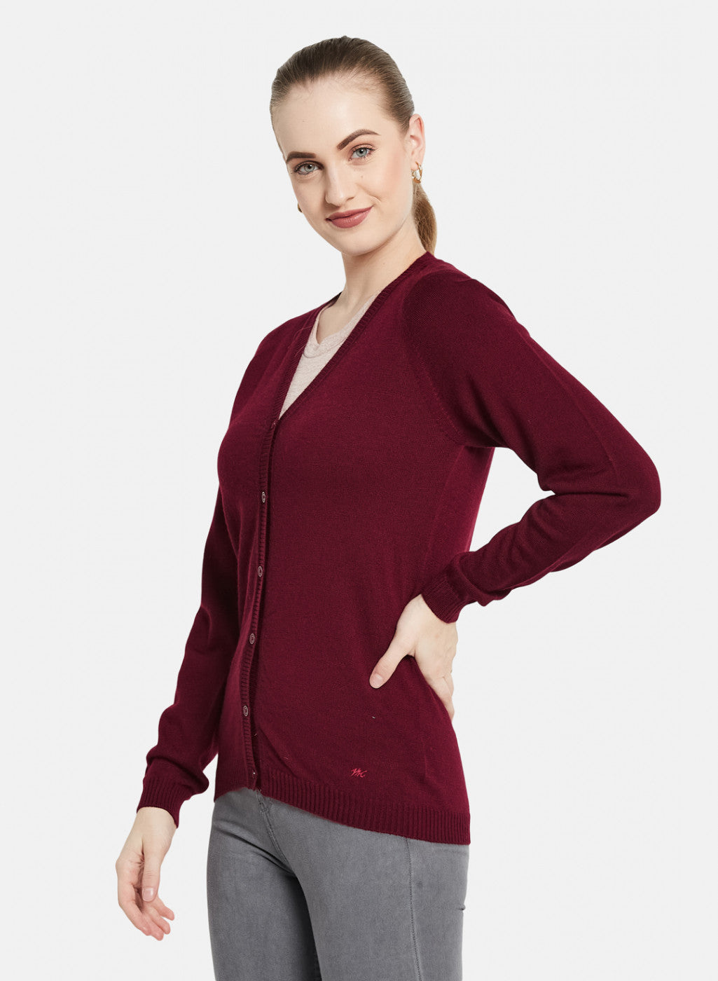 Women Dark Maroon Solid Cardigan