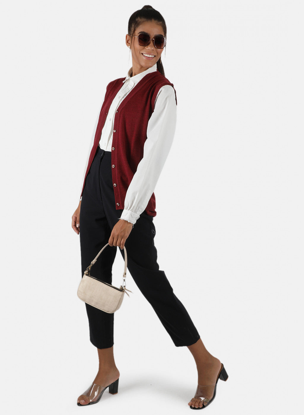Women Maroon Solid Cardigan