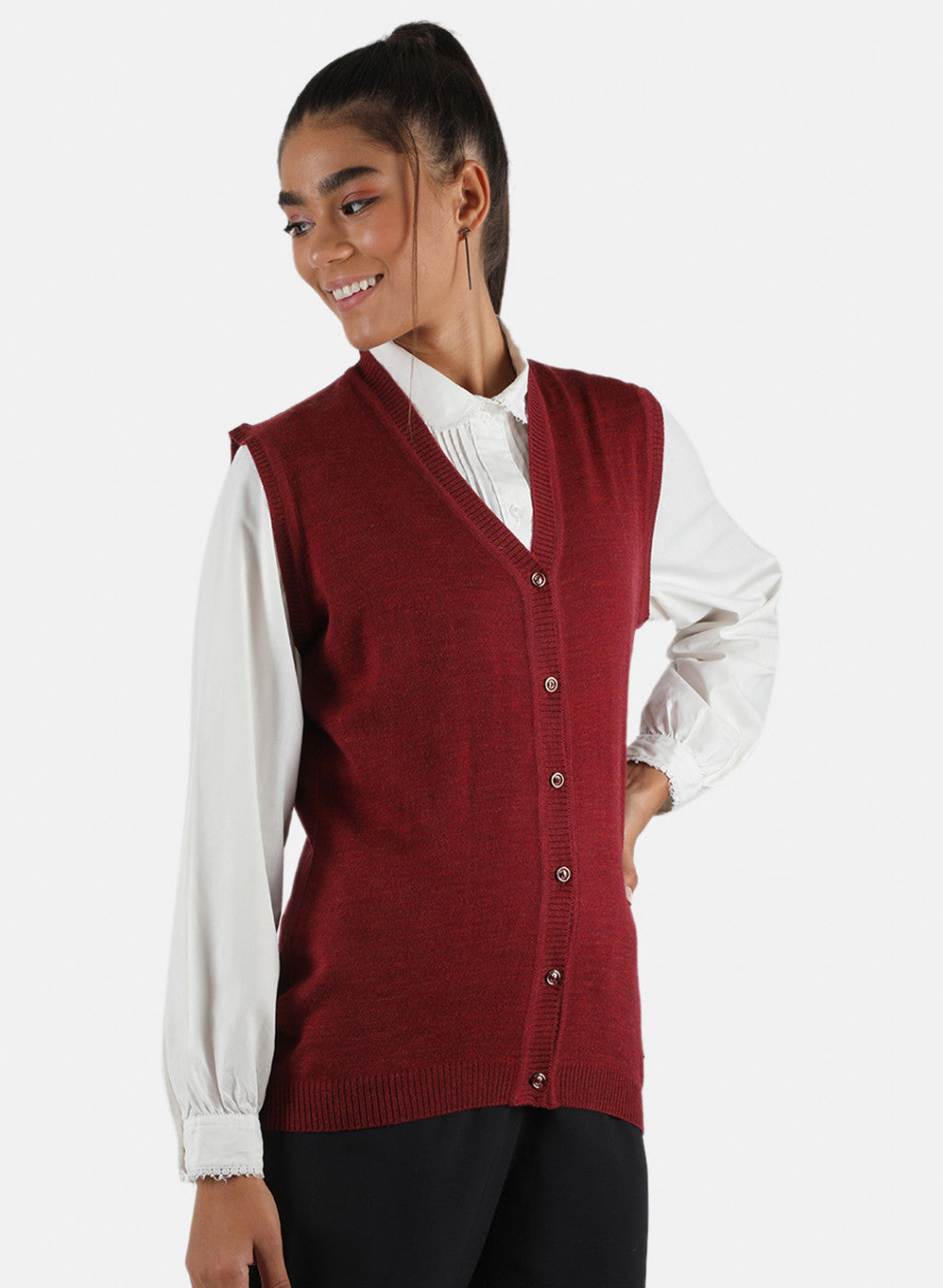 Women Maroon Solid Cardigan