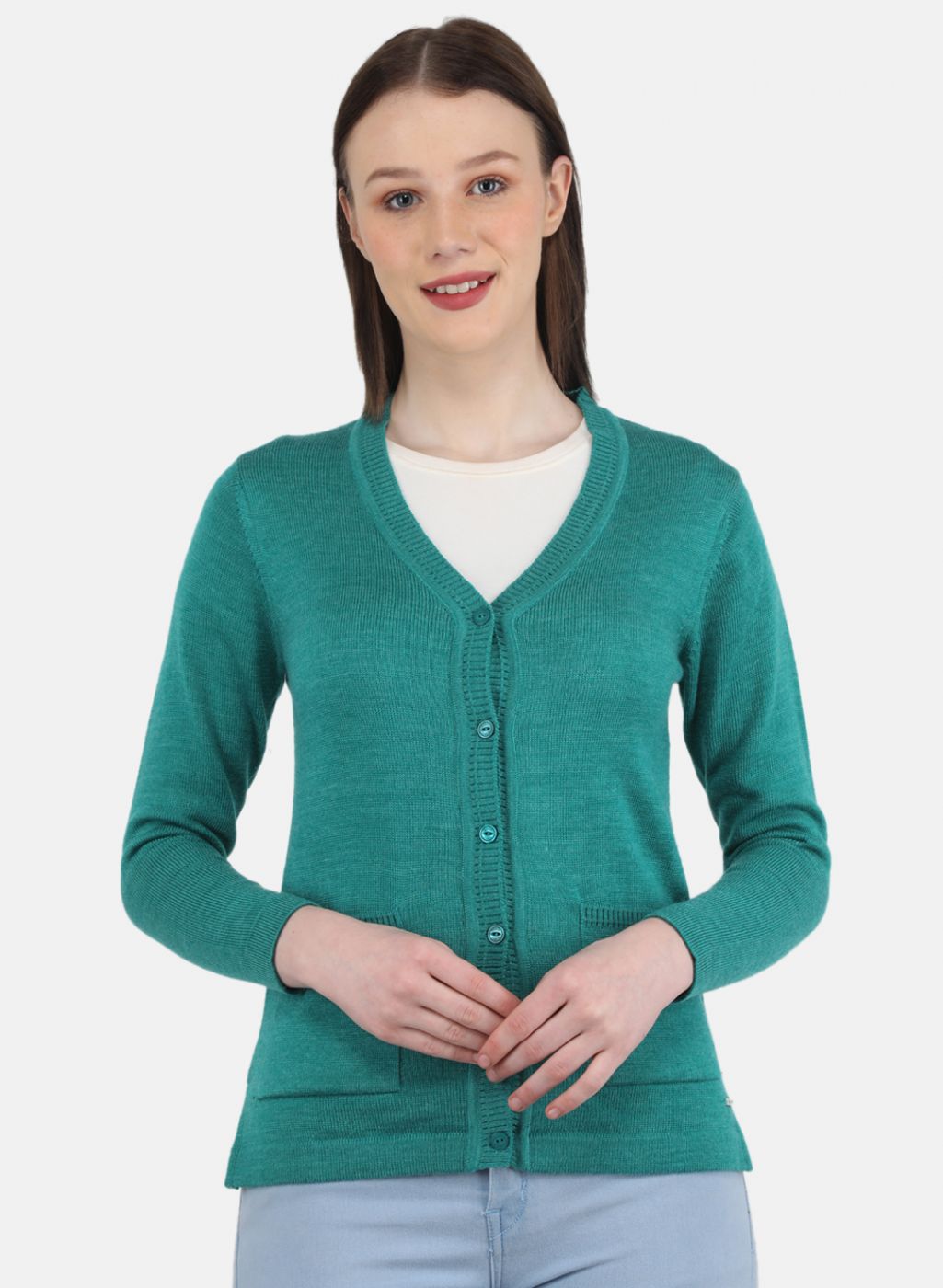 Women Sea Green Solid Cardigan