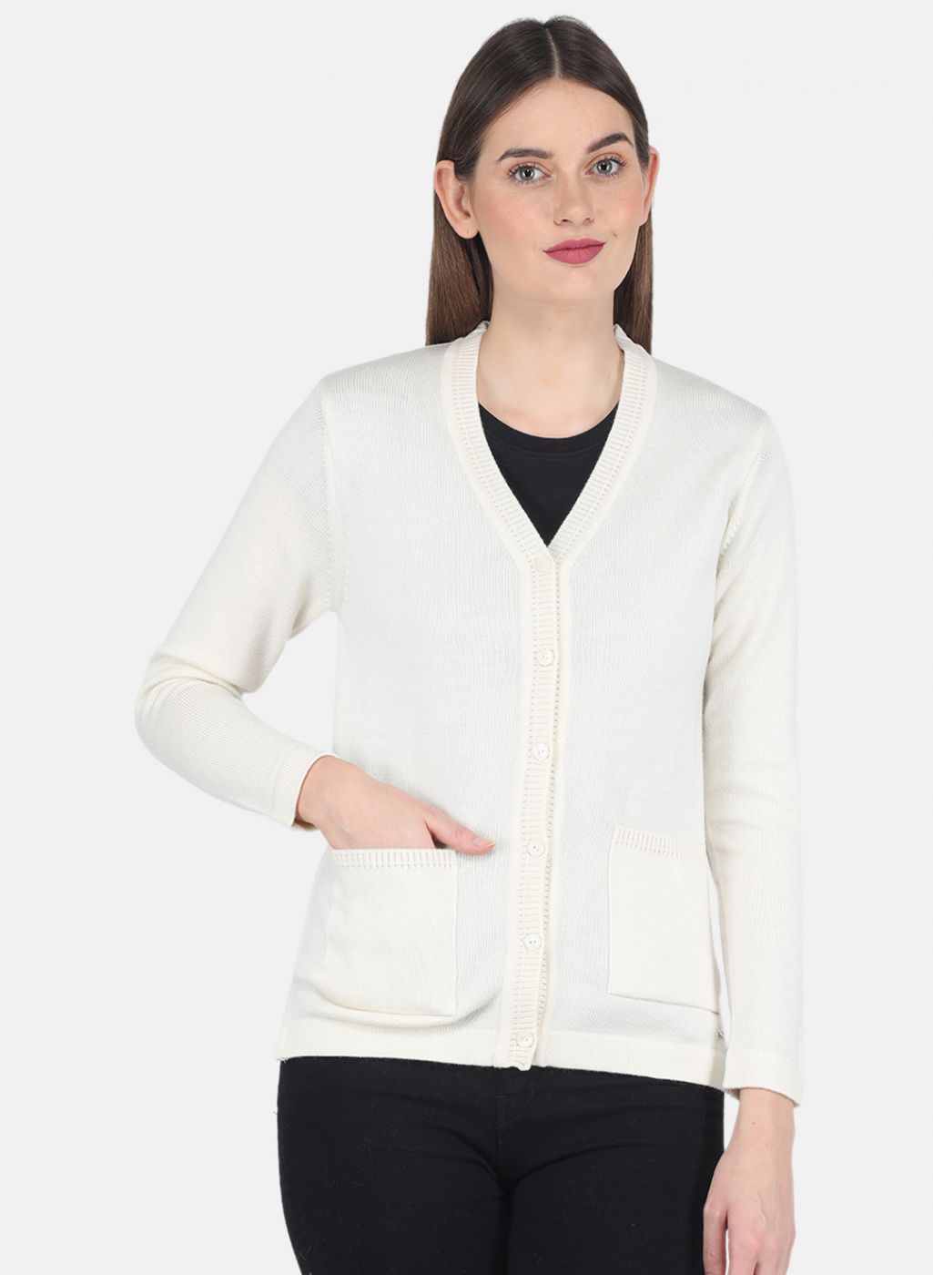 Women Off White Solid Cardigan