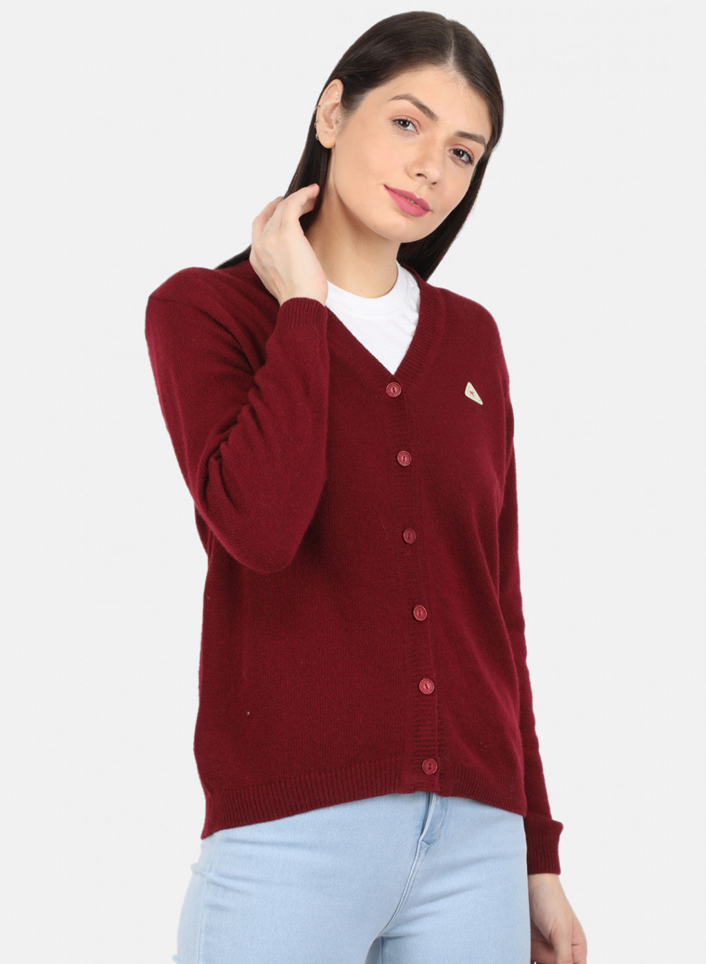 Women Maroon Solid Cardigan