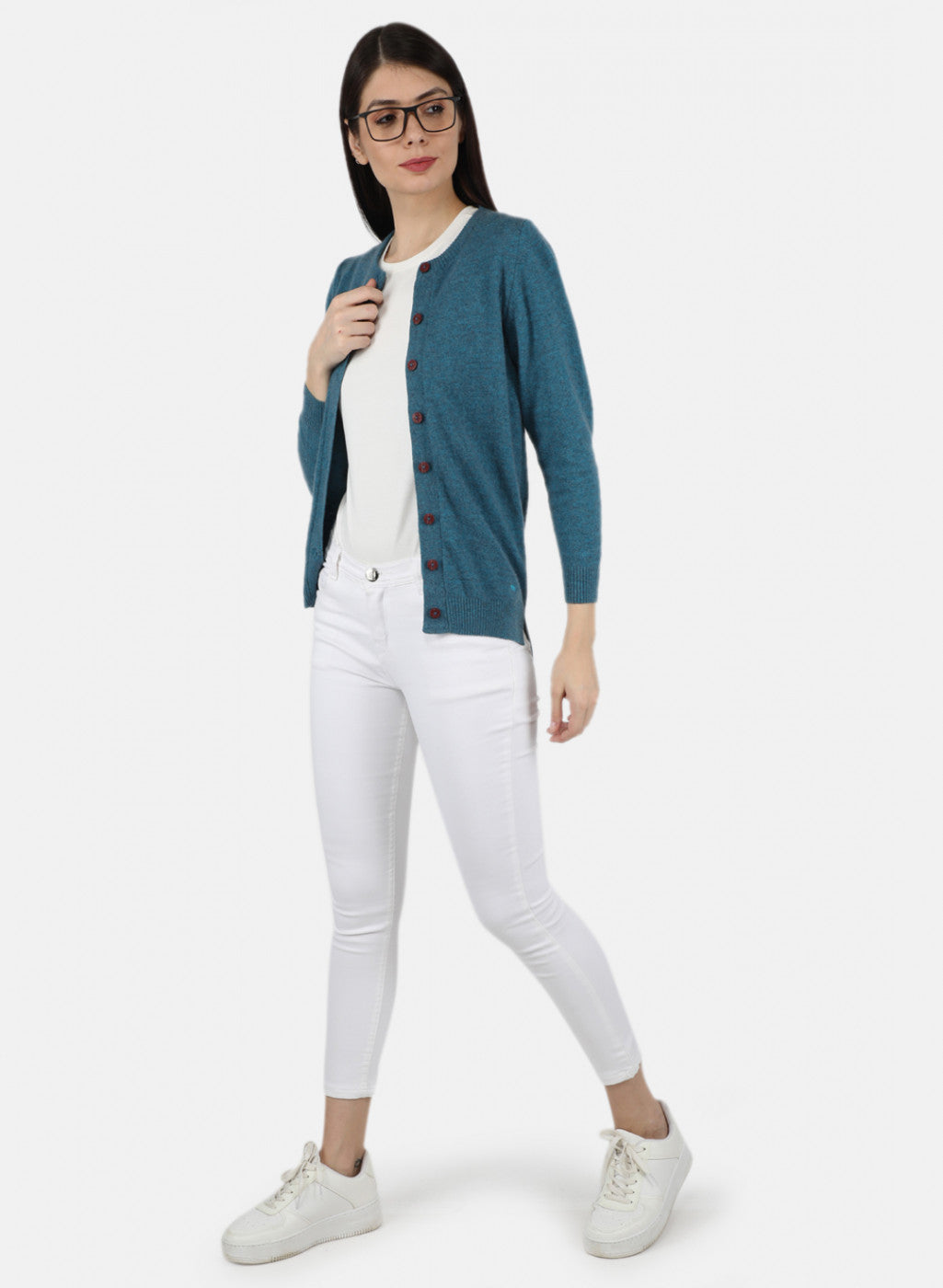 Women Teal Blue Solid Cardigan