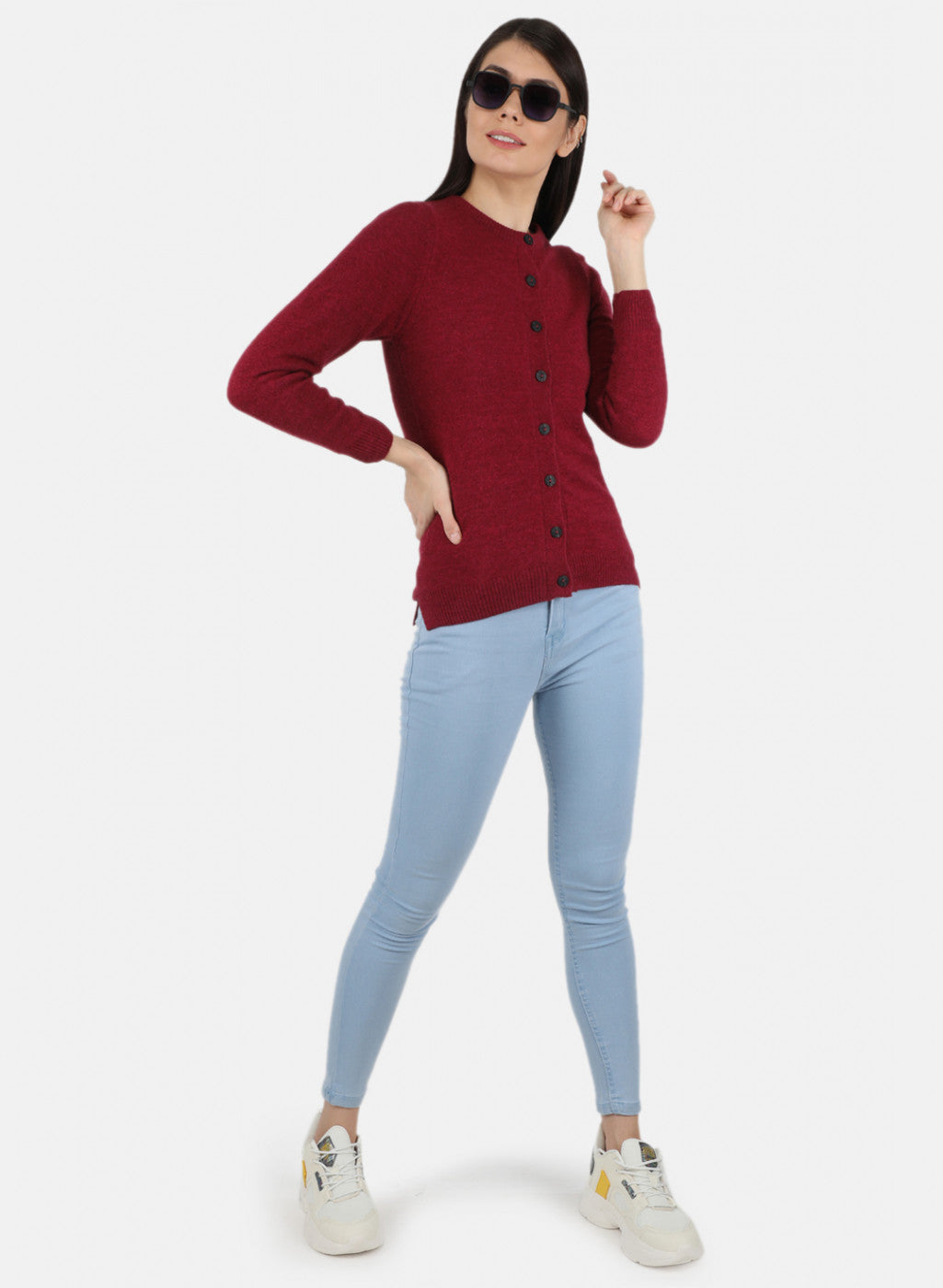 Women Red Solid Cardigan