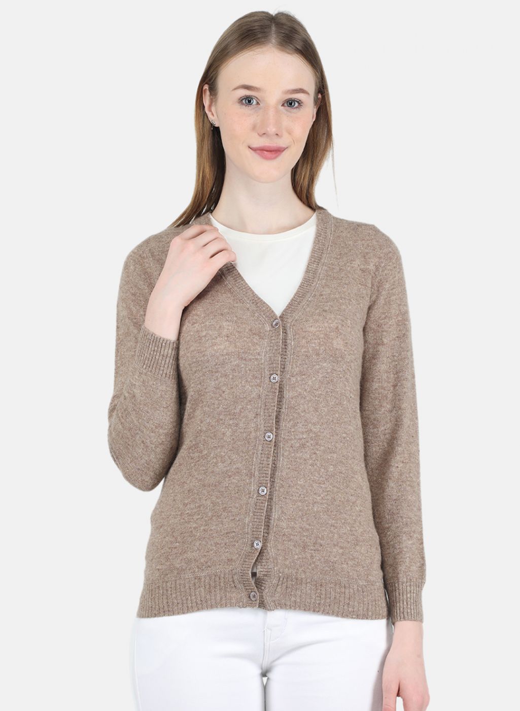 Women Beige Solid Cardigan