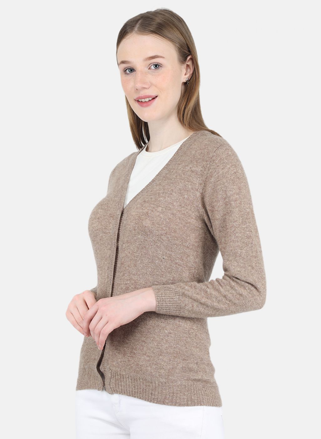 Women Beige Solid Cardigan