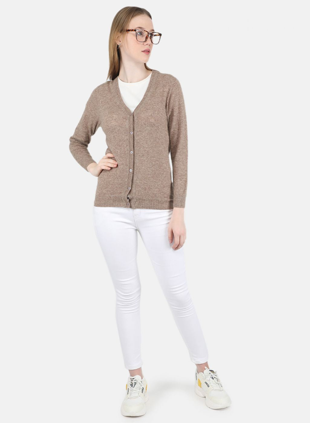 Women Beige Solid Cardigan
