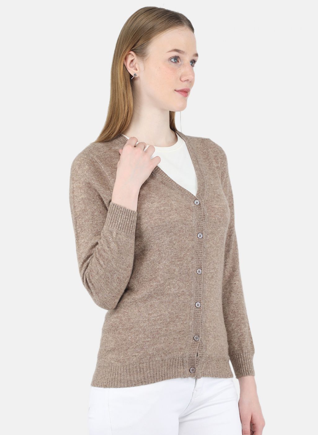 Women Beige Solid Cardigan