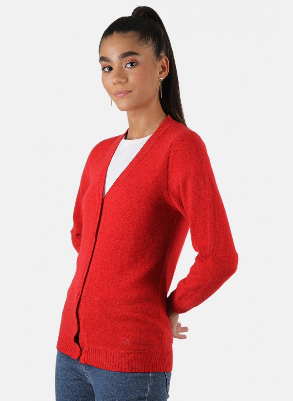 Women Red Solid Cardigan