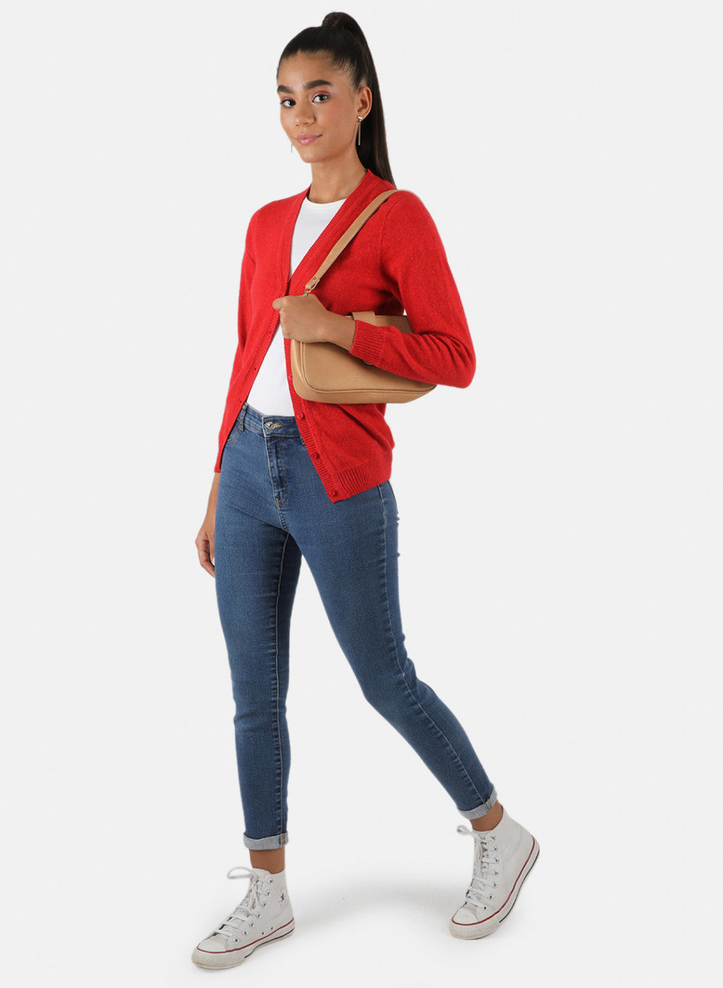 Women Red Solid Cardigan