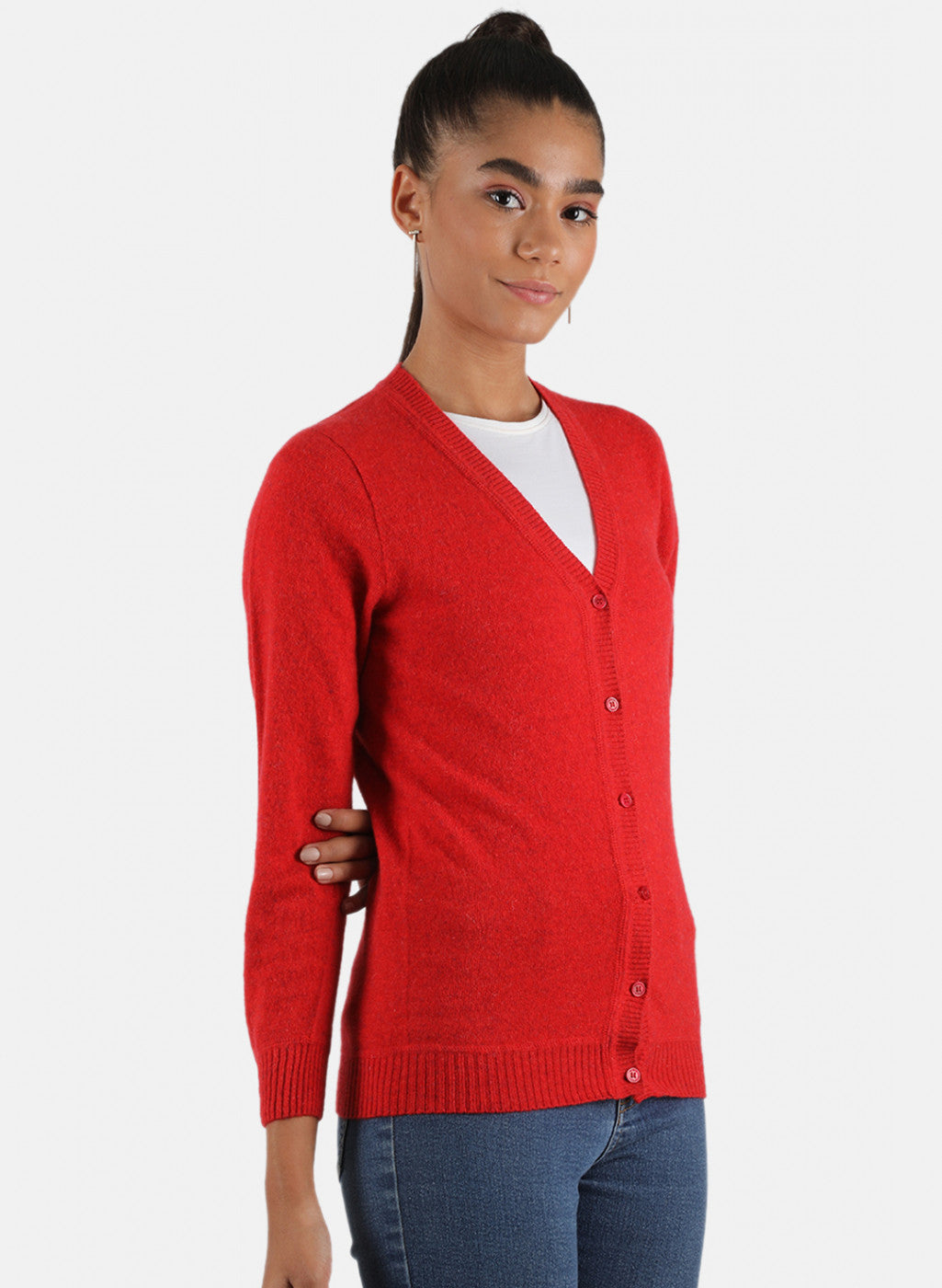 Women Red Solid Cardigan