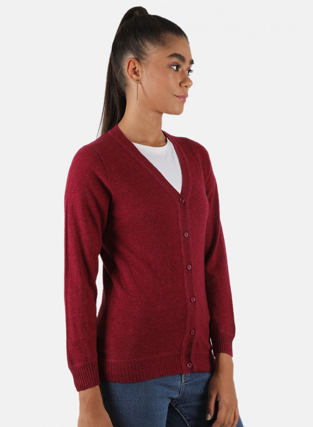 Women Red Solid Cardigan